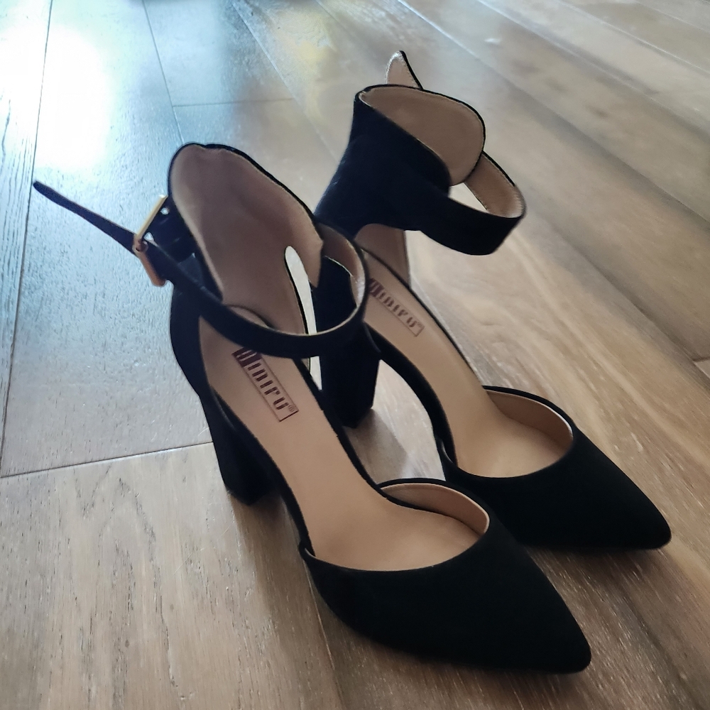 Black closed toe ankle strap heels